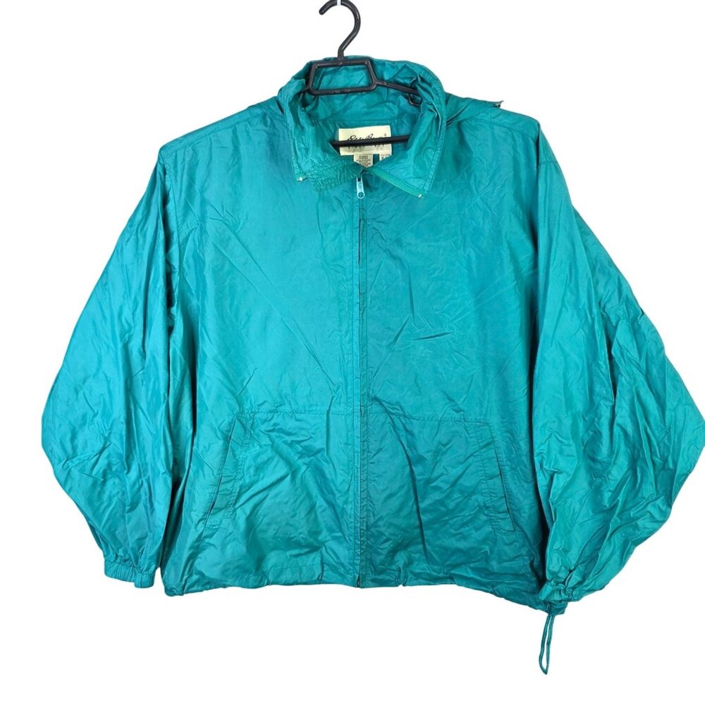 Mens Eddie Bauer Teal Green Windbreaker Hidden Hood Jacket Full Zip Size XL